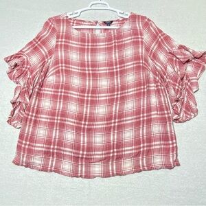 Chaps Blouse Womens 1X Pink Plaid 3/4 Bell Ruffle Sleeve Pullover Round Neck